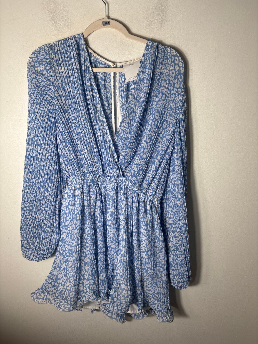 C/MEO Blue and White Cheetah Chiffon Dress Sz S